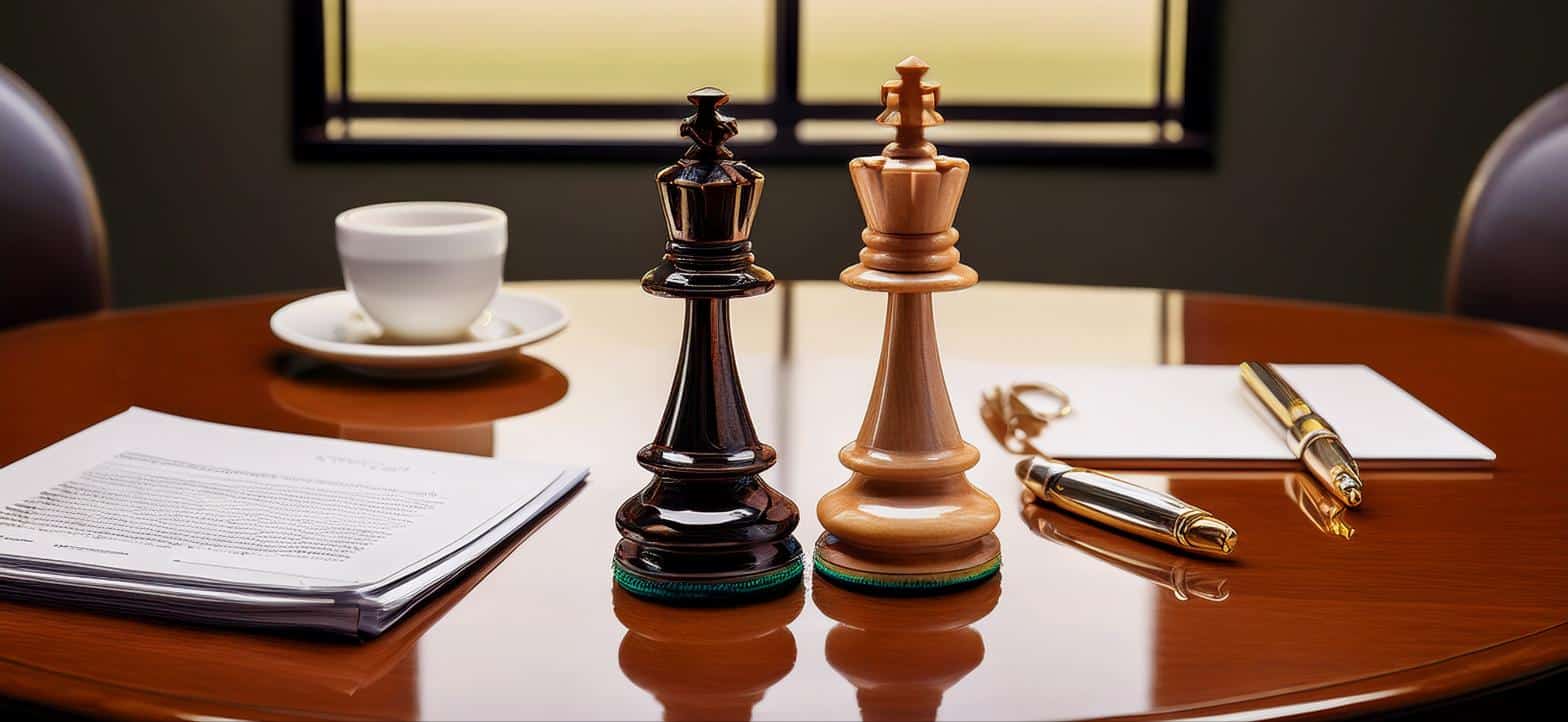 Two chess pieces beside regulatory documents on a boardroom table. Merger notification Kenya.
