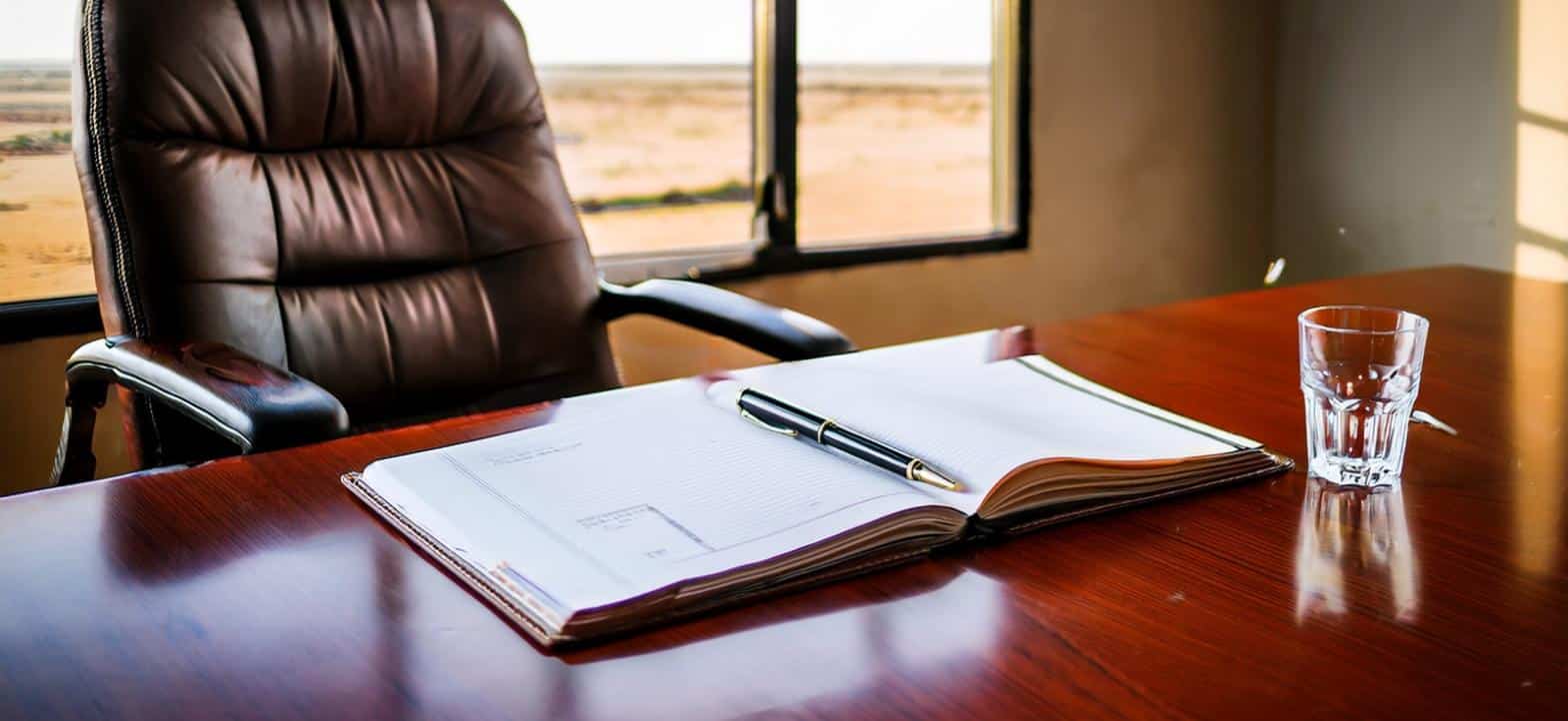 Open leather-bound board minutes book and a fountain pen on a boardroom table. Director duties Kenya.